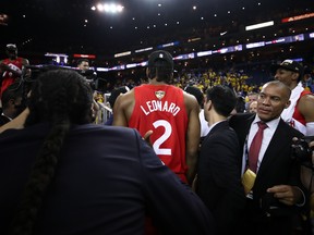 Kawhi Leonard walks off the floor as a Toronto Raptor for the final time after his now former team captured Game 6 of the NBA Finals in Oakland. (Photo by Ezra Shaw/Getty Images)