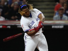 Vladimir Guerrero Jr. of the Toronto Blue Jays competes in the T-Mobile Home Run Derby at Progressive Field on Monday. Getty Images