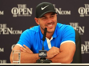 Brooks Koepka of the United States speaks to the media during a practice round prior to the 148th Open Championship held on the Dunluce Links at Royal Portrush Golf Club on July 16, 2019 in Portrush, United Kingdom.