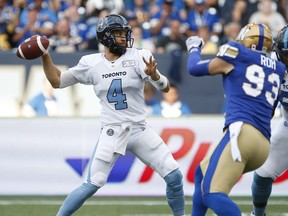 Toronto Argonauts quarterback McLeod Bethel-Thompson throws against the Winnipeg Blue Bombers last week. (THE CANADIAN PRESS)