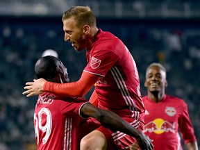 New York Red Bulls' Daniel Royer celebrates a goal with Bradley Wright-Phillips earlier this season. (GETTY IMAGES)