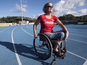 Canadian wheelchair racer Diane Roy, from Sherbrooke, Que., poses for a photo during the team training session for the Commonwealth Games in Gold Coast, Australia, on April 3, 2018.