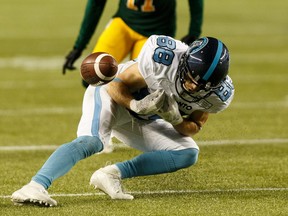 Toronto Argonauts' Jimmy Ralph (88) drops a pass during the second half of a CFL football game versus the Edmonton Eskimos at Commonwealth Stadium in Edmonton, on Thursday, July 25, 2019. Photo by Ian Kucerak/Postmedia