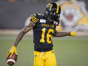 Tiger-Cats wide receiver Brandon Banks celebrates his game-winning touch-down during second half CFL action against the Stampeders, in Hamilton, Ont., on July 13, 2019.