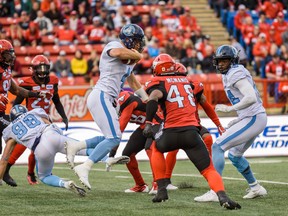 Toronto Argonauts quarterback McLeod Bethel-Thompson runs with the ball against Calgary last week. (Azin Ghaffari/Postmedia Network)