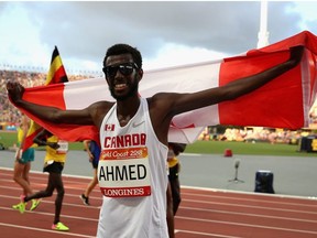 Mohammed Ahmed of Canada celebrates winning silver in the Men's 5000 metres final on day four of the Gold Coast 2018 Commonwealth Games at Carrara Stadium on April 8, 2018 on the Gold Coast, Australia.