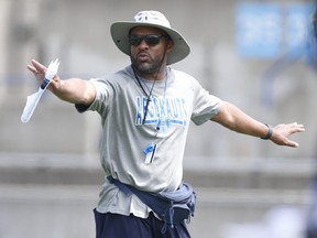 Argonauts head coach Corey Chamblin moves his troops around the practice field at Lamport Stadium. Chamblin has lost his past 11 games as a head coach, nine of those coming with the Roughriders in 2015.                                                         Jack Boland/Toronto Sun