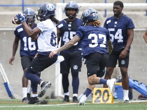 Toronto Argonauts Anthony Covington DB (37) pursues   Derel Walker WR  (87)during practice at Lamport Stadium in  Toronto, Ont. on Wednesday July 10, 2019. Jack Boland/Toronto Sun/Postmedia Network