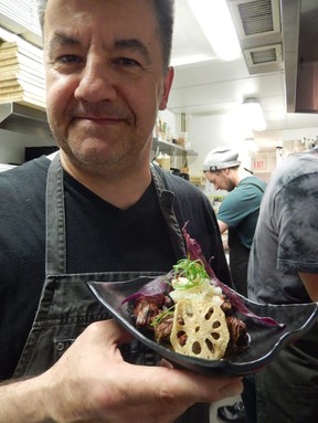 Block Kitchen chef Stephane Prevost with a delectable dish of grilled saikoro steak finished with purple yam, grated daikon and ponzu chili oil. (Kevin Hann)
