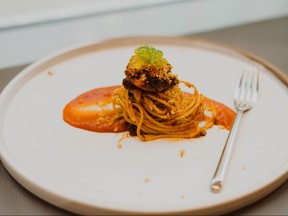 Chef Kshitiz Sethi's winning plate of Spaghetti con le Sarde at the recent Barilla Pasta World Championship semi-finalist competition