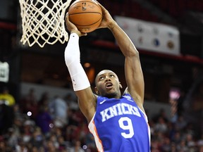 R.J. Barrett of the New York Knicks goes up for a dunk against the Phoenix Suns during Summer League action in Las Vegas. (GETTY IMAGES)