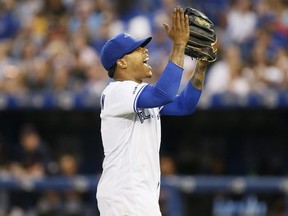Toronto Blue Jays starting pitcher Marcus Stroman reacts while walking off the field in the seventh inning against the Cleveland Indians at Rogers Centre.