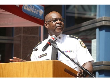 Toronto Police Chief Mark Saunders at the podium as Toronto Police held there Caribbean Carnival kick-off 2019 in preparation for the parade on August 3rd weekend on Friday July 26, 2019. Jack Boland/Toronto Sun/Postmedia Network