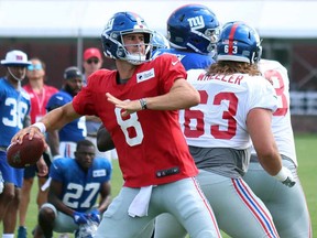 New York Giants rookie quarterback Daniel Jones sets to throw during Monday's practice at team headquarters in East Rutherford, N.J. (JOHN KRYK/Postmedia Network)