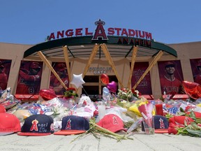 A memorial for Los Angeles Angels pitcher Tyler Skaggs at Angel Stadium of Anaheim. Skaggs, 27, died at a hotel in Southlake, Tex., July 1, 2019, where he was found unresponsive. (KIRBY LEE/USA TODAY Sports)