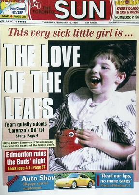 Emmy Simmons graces the front page of the Toronto Sun on Feb. 16, 1995.