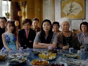 From left, Jiang Yongbo, Aoi Mizuhara, Chen Han, Tzi Ma, Awkwafina, Li Xiang, Lu Hong and Diana Lin in "The Farewell." (A24)