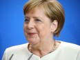 German Chancellor Angela Merkel reacts during a news conference with Denmark's Prime Minister Mette Frederiksenat the Chancellery in Berlin, Germany, July 11, 2019.