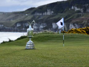 PORTRUSH, NORTHERN IRELAND - APRIL 2: The Claret Jug is pictured at Royal Portrush Golf Club during a media event on April 2, 2019 in Portrush, Northern Ireland. The Open Championship returns to Royal Portrush for the first time since 1951 this summer between 18-21 of July.