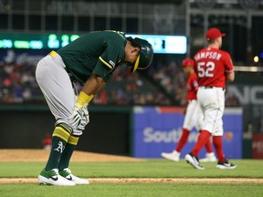 Khris Davis of the Oakland Athletics is batting just .140 the past two weeks but and hasn't hit a home run since June 16. (Photo by Richard Rodriguez/Getty Images)