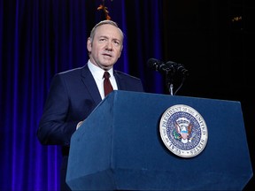 Kevin Spacey speaks on stage at the portrait unveiling and season 4 premiere of Netflix's "House Of Cards" at the National Portrait Gallery on February 22, 2016 in Washington, DC.