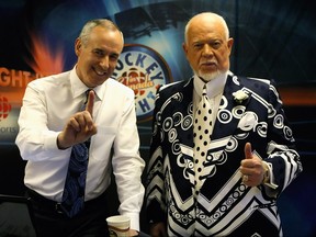 Host's of "Hockey Night in Canada" Ron Maclean and Don Cherry pose in the studio before game two of the Western Conference Finals of the 2008 NHL Stanley Cup Playoffs between the Detroit Red Wings and the Dallas Stars at Joe Louis Arena on May 10, 2008 in Detroit, Michigan. Dave Sandford/Getty Images