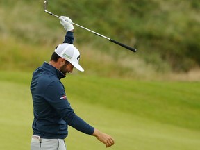 Adam Hadwin of Canada celebrates an eagle on the 3rd hole during the second round of the 148th Open Championship held on the Dunluce Links at Royal Portrush Golf Club on July 19, 2019 in Portrush, U.K.