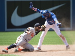 Toronto Blue Jays outfielder Lourdes Gurriel Jr. steals second base ahead of the tag from Baltimore Orioles shortstop Jonathan Villar (2) at Rogers Centre on Sunday, July 7, 2019. (Nick Turchiaro-USA TODAY Sports)
