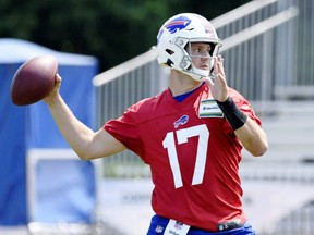 Bills quarterback Josh Allen throws a pass during training camp in Pittsford, N.Y., on Thursday, July 25, 2019.