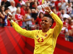 Karina LeBlanc of Canada waves to the fans after Canada's win at the FIFA Women's World Cup Canada 2015 Round 16 match against Switzerland at B.C. Place Stadium in Vancouver, on June 21, 2015.