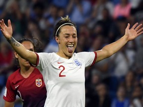 England's defender Lucy Bronze celebrates after scoring a goal during the France 2019 Women's World Cup quarter-final football match between Norway and England, on June 27, 2019, at the Oceane stadium in Le Havre, France.
