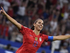United States forward Alex Morgan celebrates after scoring a goal during the France 2019 Women's World Cup semi-final football match between England and USA, on July 2, 2019, at the Lyon Satdium in Lyon, France.