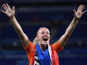 Netherlands' defender Stefanie Van der Gragt celebrates at the end of the France 2019 Women's World Cup semi-final football match between the Netherlands and Sweden, on July 3, 2019, at the Lyon Stadium in Lyon, France.