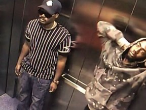 Surveillance video of sexual assault suspects Shane Acton Codrington, left, and Jevor Oshane Brown, both 24. Codrington was arrested by police, and Brown is still outstanding