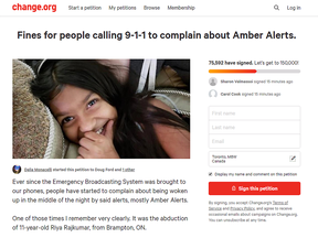 The petition created by a Toronto woman calling for the Ontario government to change the law to crackdown on frivolous 911 calls proliferating due to province-wide Amber Alert notifications. (Change.org/Screen grab)