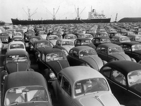 1,527 Volkswagen Beetles freshly unloaded in Toronto from the Norwegian ship Belline on April 19, 1966. This was the vessel’s maiden trip as a car carrier chartered by Volkswagen.