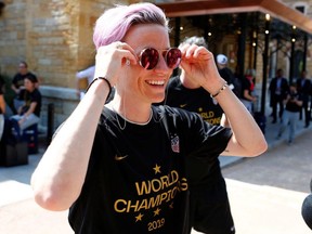 Megan Rapinoe of the U.S. talks to reporters before leaving the hotel to return to the United States on July 8, 2019, after winning the World Cup on Sunday.