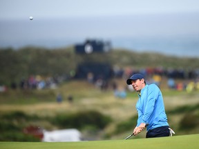 Rory McIlroy arrives on the fourth green during a practice session at Royal Portrush golf club in Northern Ireland on July 17, 2019. (ANDY BUCHANAN/AFP/Getty Images)