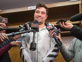 Cody Ceci talks to the media as the Ottawa Senators wrapped up their season by clearing out their lockers April 8, 2019. Ceci is now a Maple Leaf. (Wayne Cuddington/ Postmedia)