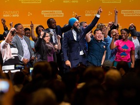 NDP Leader Jagmeet Singh dances on stage with party members and supporters after speaking at the Ontario NDP Convention in Hamilton, Ont., Sunday, June 16, 2019.