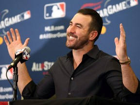 American League starting pitcher Justin Verlander of the Houston Astros speaks during the All Star Press Conference at the Huntington Convention Center in Cleveland. (CHARLES LeCLAIRE/USA TODAY Sports)