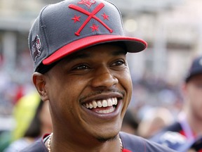 American League pitcher Marcus Stroman of the Toronto Blue Jays laughs during workouts before the All-Star Game at Progressive Field.(Charles LeClaire-USA TODAY Sports)