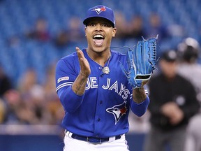 Marcus Stroman of the Toronto Blue Jays reacts against the Chicago White Sox at Rogers Centre on May 11, 2019 in Toronto. (Tom Szczerbowski/Getty Images)