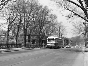 Looking north on Avenue Rd. towards St. Clair Ave. W., 1954. This photo was taken by historian Ray Corley just a few weeks before the TTC's BAY route (from a loop at Lansdowne and St. Clair via Avenue Rd., Davenport Rd. and Bay St. to the Island ferry docks) was abandoned with the opening of the Front to Eglinton section of the new YONGE subway on March 30, 1954. As a result of that momentous event streetcars, such as the three-year-old PCC 4501 in this photo (and Peter Witts and trailers before the PCCs), no longer had to negotiate this precarious hill. (From the John D. Thompson Collection).