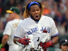 Vladimir Guerrero Jr. of the Blue Jays reacts during the T-Mobile Home Run Derby at Progressive Field in Cleveland on Monday, July 8, 2019.