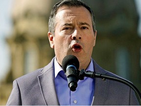Alberta Premier Jason Kenney held a special summer press conference in front of the Alberta legislature, August 7, 2019. (Postmedia Network)