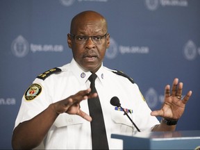 Toronto Police Chief Mark Saunders responds to reporters questions about the city's gun violence at a press conference at police headquarters August 9, 2019. Stan Behal/Toronto Sun