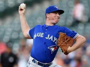 Trent Thornton of the Toronto Blue Jays pitches in the first inning against the Baltimore Orioles at Oriole Park at Camden Yards on August 1, 2019 in Baltimore.  (Greg Fiume/Getty Images)