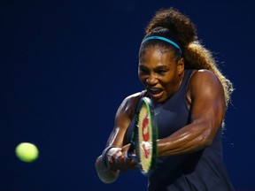 Serena Williams hits a shot against Elise Mertens of Belgium during a second round match on Day 5 of the Rogers Cup at Aviva Centre on August 7, 2019 in Toronto.  (Vaughn Ridley/Getty Images)