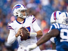 Josh Allen of the Buffalo Bills drops back to pass during the first quarter of a preseason game against the Indianapolis Colts at New Era Field on August 8, 2019 in Orchard Park, New York.  (Brett Carlsen/Getty Images)